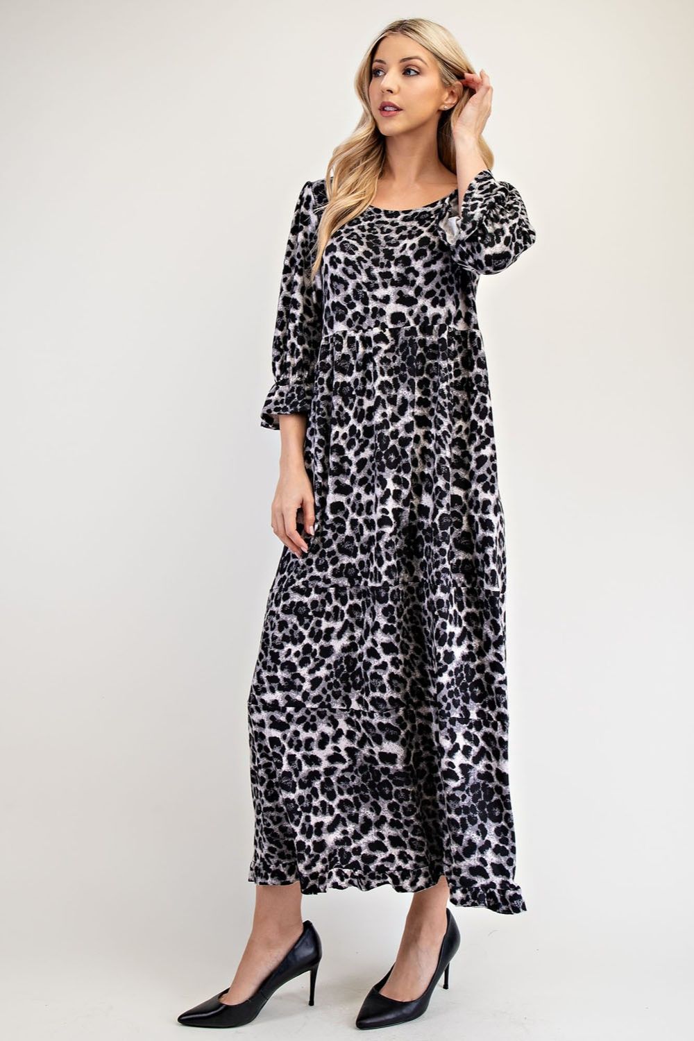 Celeste Full Size Leopard Round Neck Flounce Sleeve Dress Casual Dresses