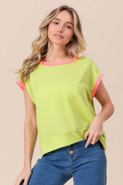 BiBi Cord Rib Knit Contrast Banded Top - Shop Style & More | Fresh Looks, Everyday Deals & Free Shipping