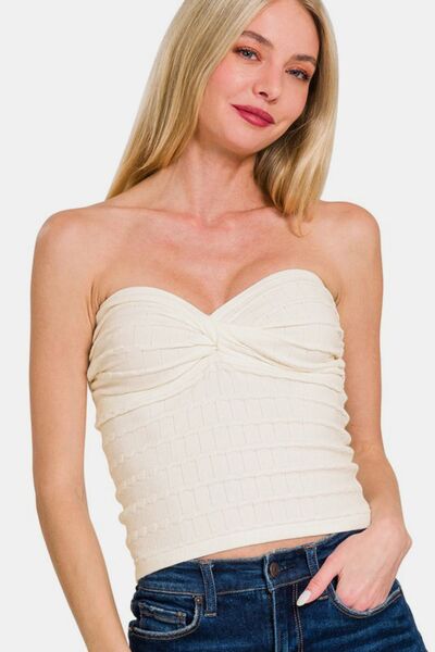 Zenana Ruched Twisted Sweetheart Neck Top Ivory Top - Femme & Flirty