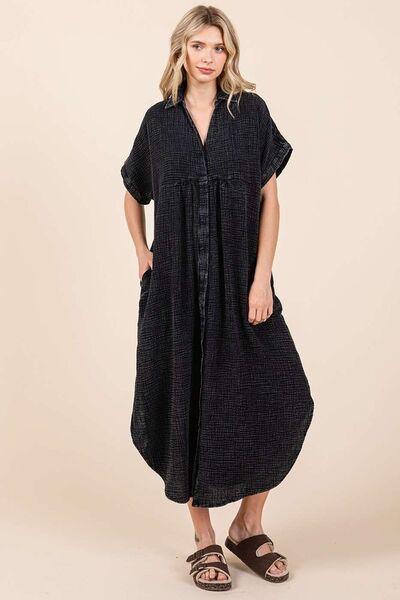 Mittoshop Mineral Wash V Neck Button Up Midi Shirt Dress Charcoal Casual Dresses