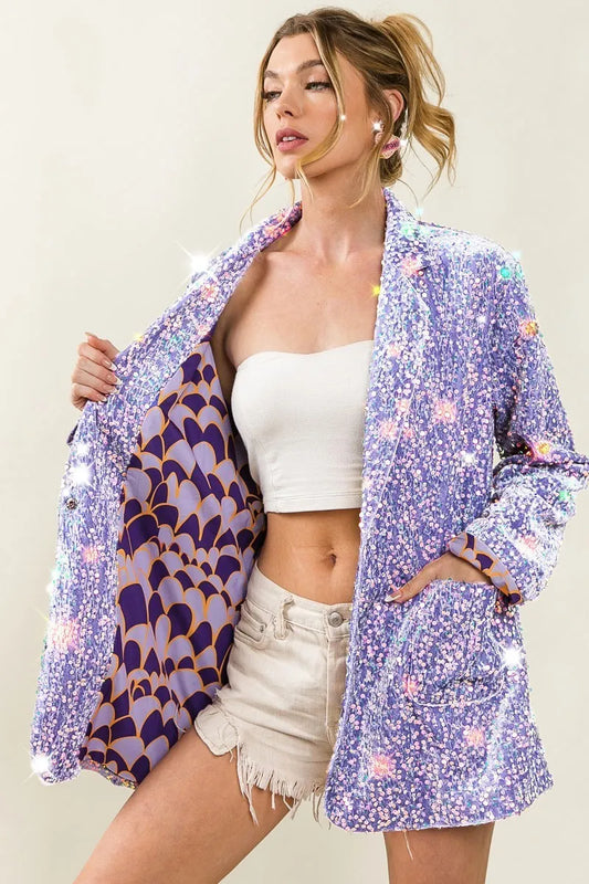 BiBi Velvet Sequins Patch Pockets Single Blazer Women's Outerwear