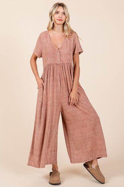 Mittoshop Mineral Wash Jumpsuit - Short Sleeve Flowy Wide Leg Design - Shop Style & More | Fresh Looks, Everyday Deals & Free Shipping