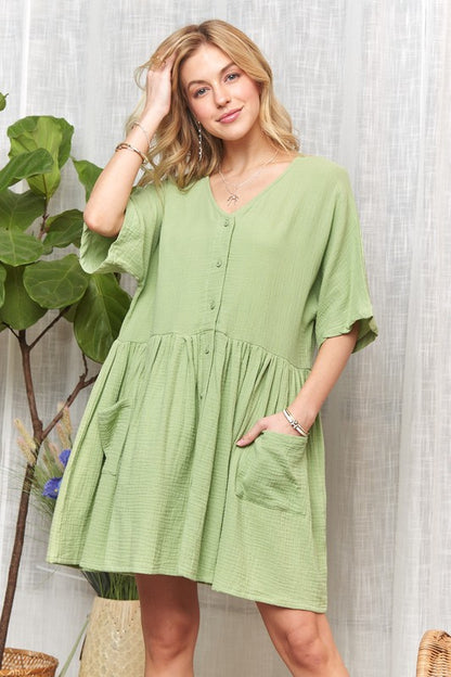 ADORA V-Neck Half Sleeve Dress with Pockets DUSTY GREEN Casual Dresses