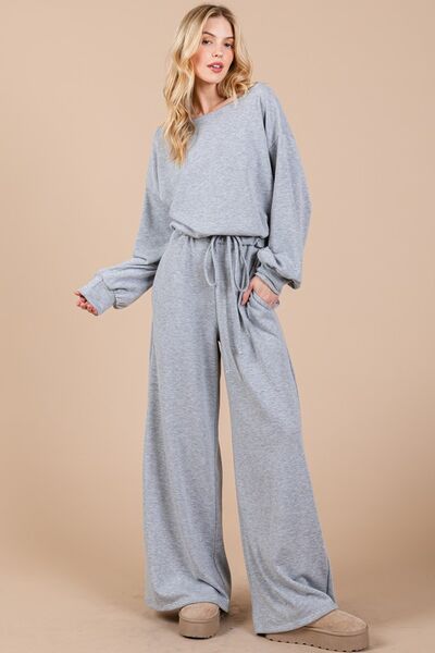 Ces Femme Boat Neck Long Sleeve Jumpsuit with Drawstring Detail Gray Jumpsuits