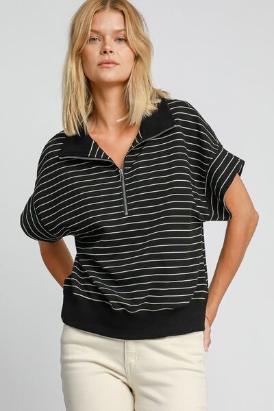 Umgee Striped Half Zip Short Sleeve Sweatshirt Black Hoodies & Sweaters