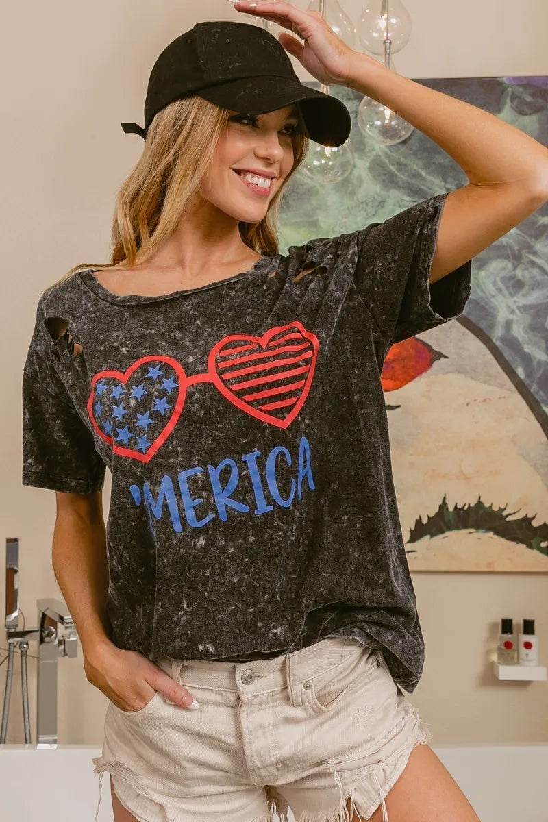 BiBi 4th Of July Theme Mineral Washed Laser Cut Top - Shop Style & More | Fresh Looks, Everyday Deals & Free Shipping