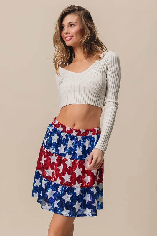 BiBi American Flag Theme Star Sequin Tiered Skirt - Shop Style & More | Fresh Looks, Everyday Deals & Free Shipping