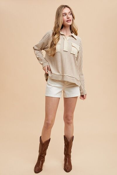 Annie Wear Striped Button Detail Long Sleeve Polo Top Blouses