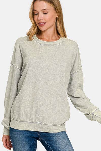 Zenana Washed Round Neck Dropped Shoulder Sweatshirt - Shop Style & More | Fresh Looks, Everyday Deals & Free Shipping