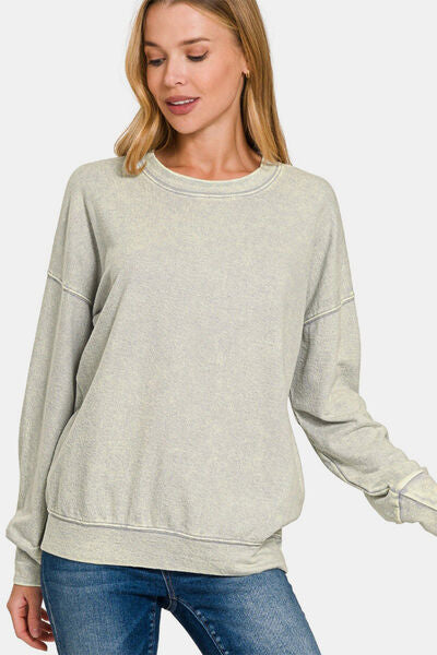 Zenana Washed Round Neck Dropped Shoulder Sweatshirt Hoodies & Sweaters