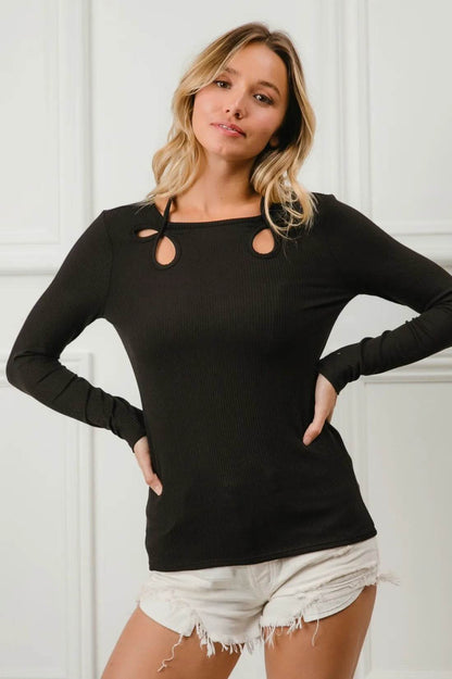 BiBi Rib Knit With Cut Out and Tied Neck Detailed Top - Shop Style & More | Fresh Looks, Everyday Deals & Free Shipping