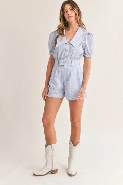 MABLE Striped Puff Sleeve Collared Neck Romper - Shop Style & More | Fresh Looks, Everyday Deals & Free Shipping