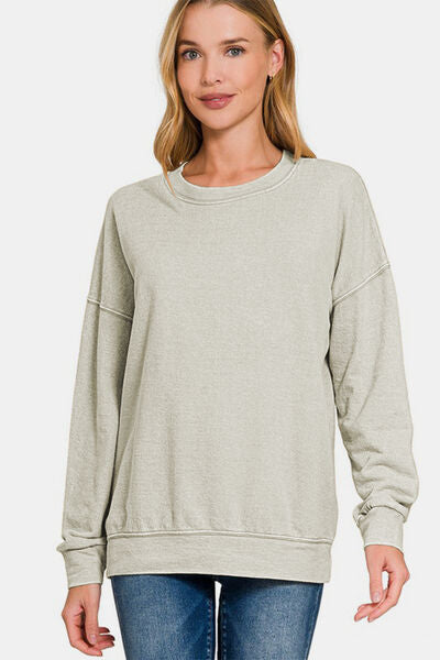 Zenana Washed Round Neck Dropped Shoulder Sweatshirt Lt Grey Hoodies & Sweaters