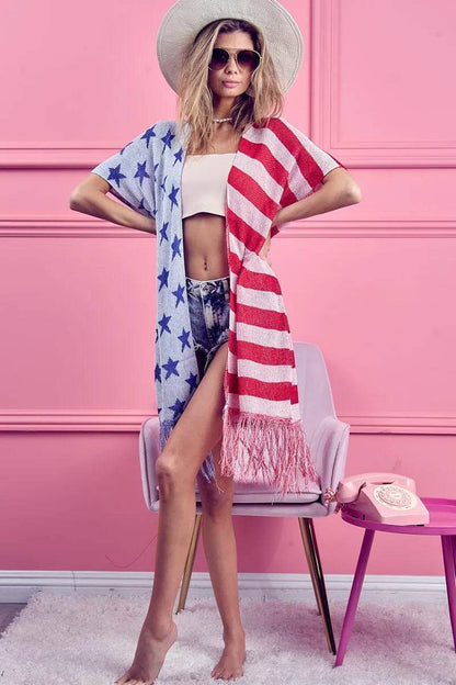BiBi American Flag Theme Fringed Knit Cardigan - Shop Style & More | Fresh Looks, Everyday Deals & Free Shipping