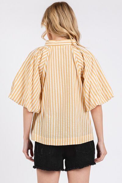 Mittoshop Button Down Striped Puff Sleeve Shirt Blouses