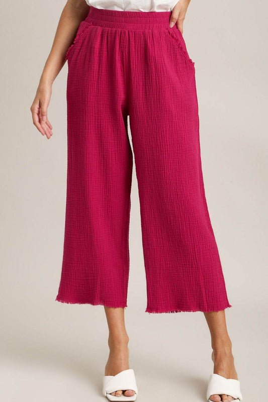 Umgee Full Size Raw Hem Elastic Waist Wide Leg Pants Plus Size - Shop Style & More | Fresh Looks, Everyday Deals & Free Shipping