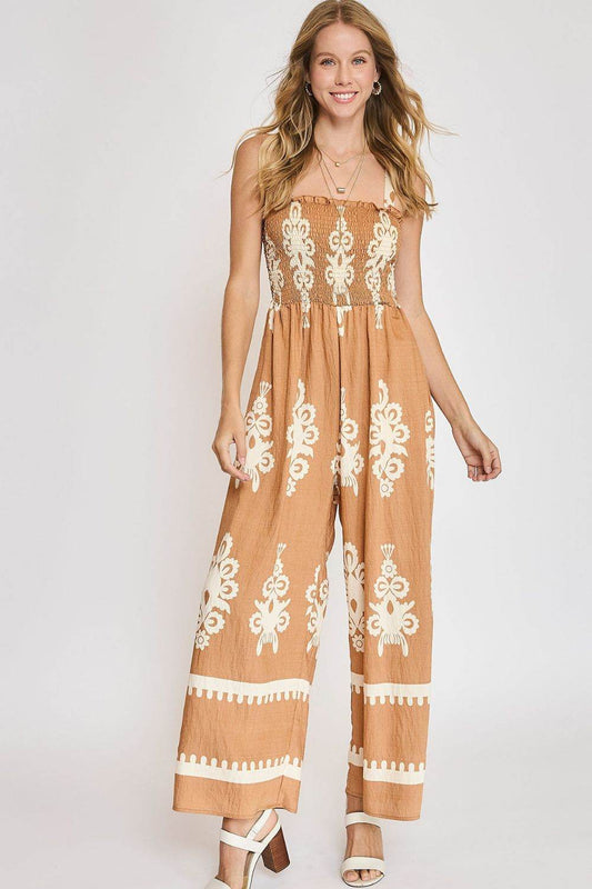 Umgee Full Size Smocked Printed Wide Leg Jumpsuit Plus Size - Shop Style & More | Fresh Looks, Everyday Deals & Free Shipping