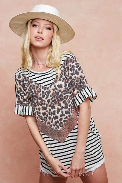 BiBi Stripe Rayon Span Knit Color Block Top With Leopard - Shop Style & More | Fresh Looks, Everyday Deals & Free Shipping