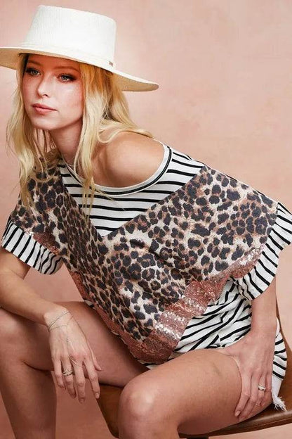BiBi Stripe Rayon Span Knit Color Block Top With Leopard - Shop Style & More | Fresh Looks, Everyday Deals & Free Shipping