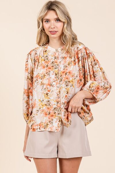 Mittoshop Flower Print Batwing Sleeve Button Down Blouse Blouses