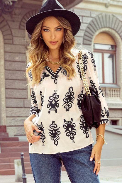 Vintage Geometric Printed V Neck Blouse - Shop Style & More | Fresh Looks, Everyday Deals & Free Shipping