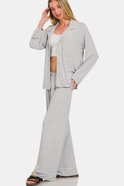 Zenana Button Down Long Sleeve Top and Pants Lounge Set Lounge Set