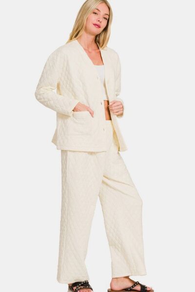 Zenana Quilted Button Up Long Sleeve Top and Pants Lounge Set Lounge Set