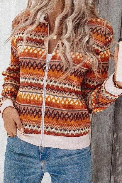 Orange Boho Striped Zip Up Long Sleeve Jacket - Shop Style & More | Fresh Looks, Everyday Deals & Free Shipping