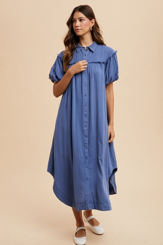 Annie Wear Mineral Washed Button Down Puff Sleeve Shirt Dress Casual Dresses