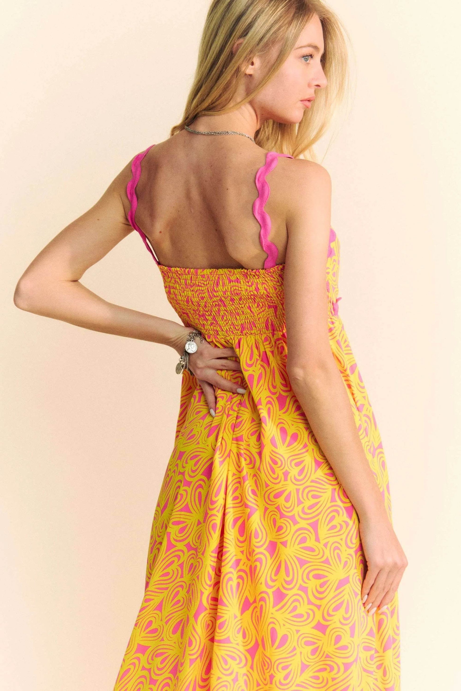 Davi & Dani Geo 2 Tone Printed Wavi Trim Tiered Maxi Dress - Shop Style & More | Fresh Looks, Everyday Deals & Free Shipping