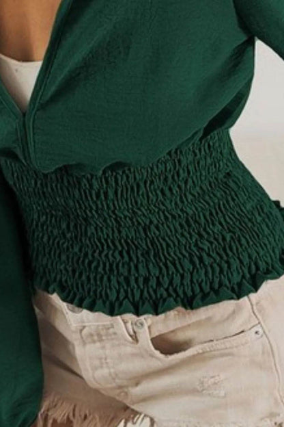 BiBi Smoking Waist Band and Puff Sleeves Deep V Neck Top - Shop Style & More | Fresh Looks, Everyday Deals & Free Shipping