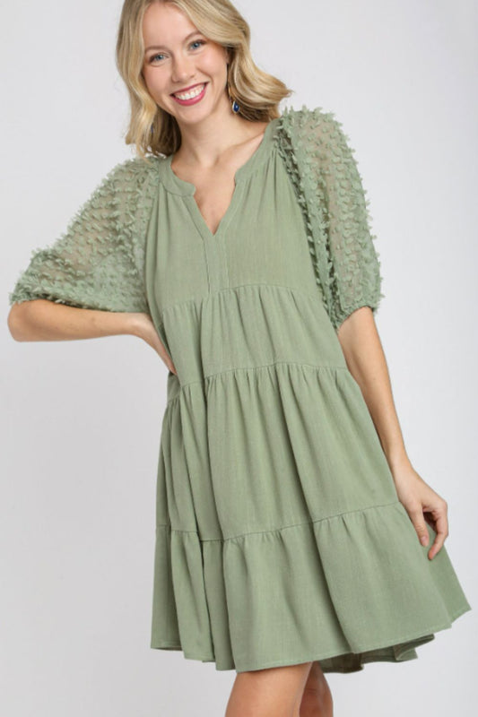 Umgee Full Size Linen Tiered A-Line Split Neck Dress Plus Size Sage Casual Dresses