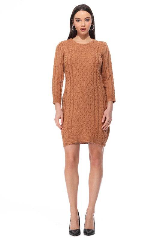 Round Neck Cable Knit Long Sleeve Sweater Dress - Shop Style & More | Fresh Looks, Everyday Deals & Free Shipping