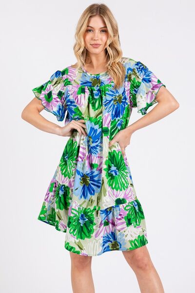 Ces Femme Floral Ruffled Short Sleeve Dress Green Casual Dresses