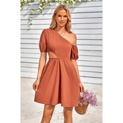 One Shoulder Puff Sleeve Fit Flare Short Dress - Shop Style & More | Fresh Looks, Everyday Deals & Free Shipping