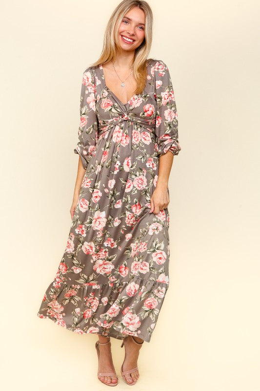 Haptics Twisted Detail Ruffled Hem Floral Dress with Side Pockets Mauve Blush Casual Dresses