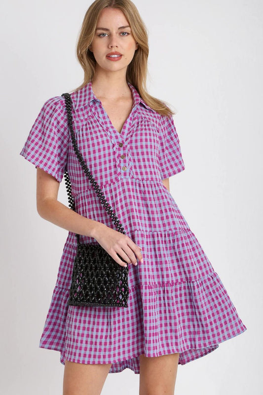 Umgee Full Size Gingham Tiered Button Detail Short Sleeve Dress Plus Size Red-Violet Casual Dresses