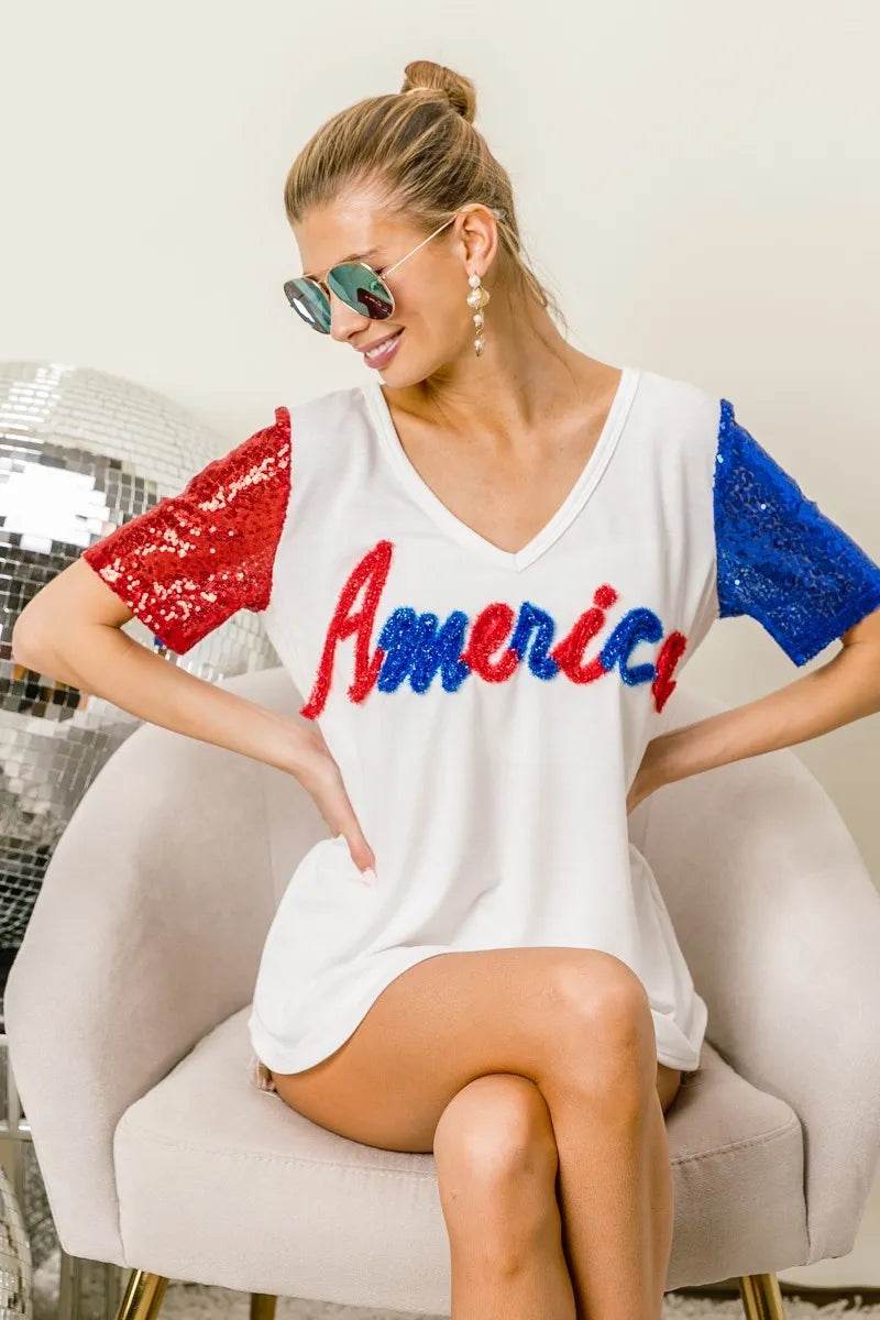 BiBi Metallic Letter V-neck Sequin Sleeves Top - Shop Style & More | Fresh Looks, Everyday Deals & Free Shipping