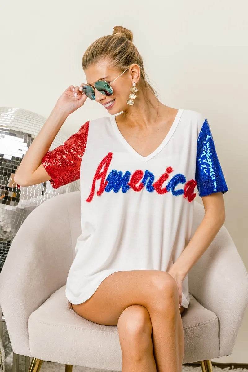 BiBi Metallic Letter V-neck Sequin Sleeves Top - Shop Style & More | Fresh Looks, Everyday Deals & Free Shipping