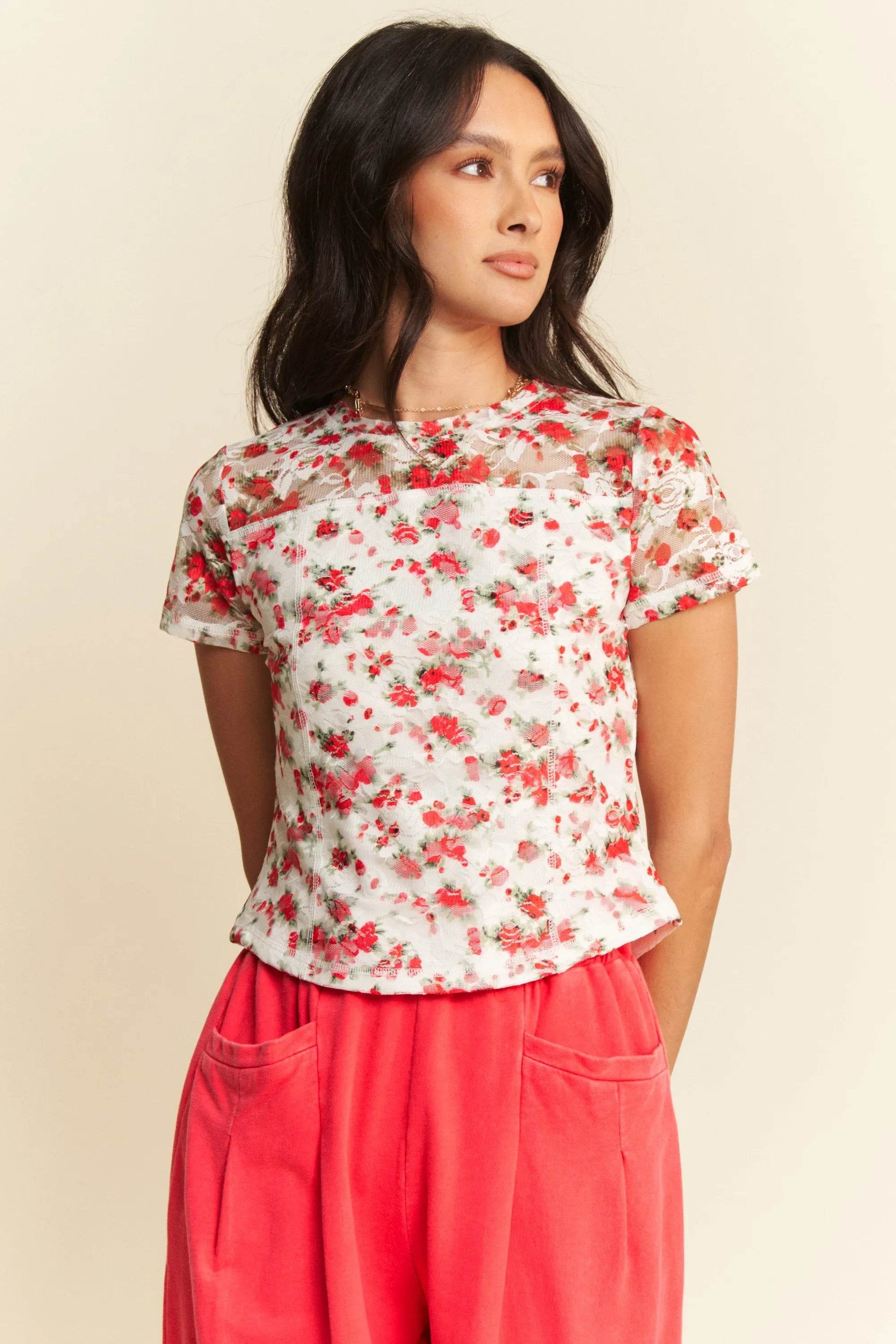 Davi & Dani Ribbon Short Sleeve Layered Mesh Top - Shop Style & More | Fresh Looks, Everyday Deals & Free Shipping