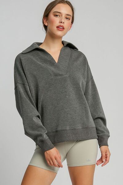 Umgee Johnny Collar Dropped Shoulder Sweatshirt Charcoal Hoodies & Sweaters