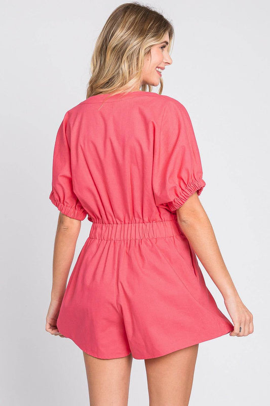 GeeGee Half Button V-Neck Linen Romper - Shop Style & More | Fresh Looks, Everyday Deals & Free Shipping