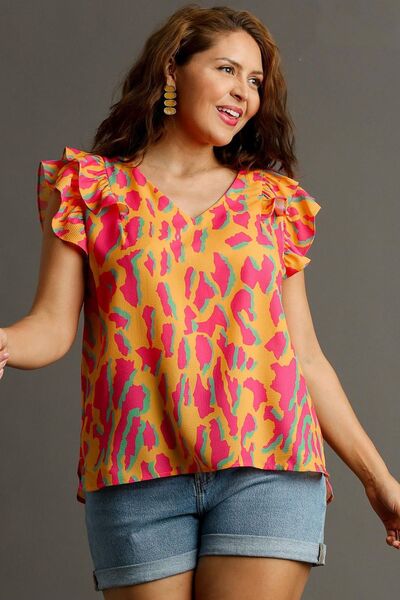 Umgee Full Size Abstract Print V-Neck Double Layer Ruffle Sleeve Blouse Plus Size Blouses