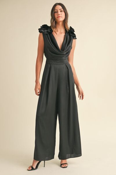 MABLE 3D Floral Applique Deep Cowl Neck Jumpsuit Black Jumpsuits