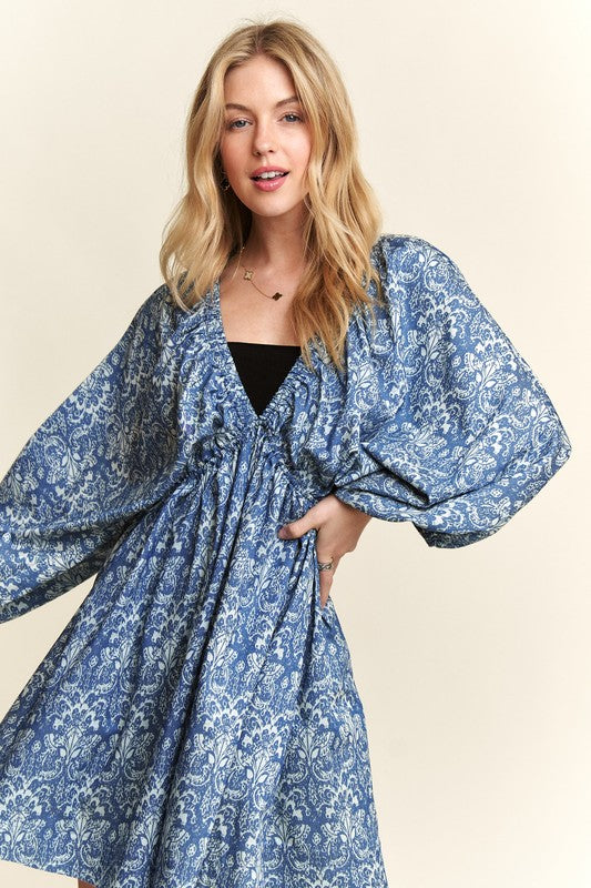 ADORA Printed V-Neck Batwing Sleeve Mini Dress Casual Dresses