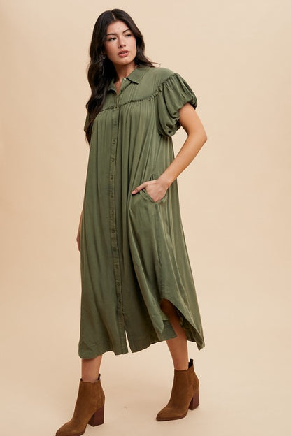 Annie Wear Mineral Washed Button Down Puff Sleeve Shirt Dress Casual Dresses