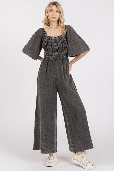 Mittoshop Mineral Wash Wide Leg Jumpsuit - Gauze Ruched Style Black Jumpsuits