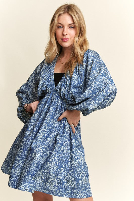 ADORA Printed V-Neck Batwing Sleeve Mini Dress Casual Dresses