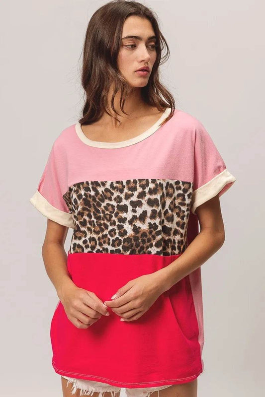 BiBi Leopard Printed Jersey Color Block Roll Up - Shop Style & More | Fresh Looks, Everyday Deals & Free Shipping