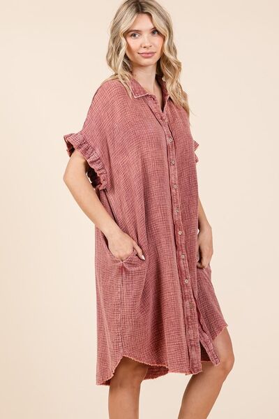 Mittoshop Mineral Wash Cotton Gauze Mini Shirt Dress Casual Dresses